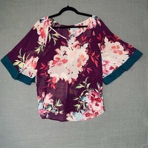 Express Flowy Floral Kimono V Neck Sheer Tunic Blouse Small